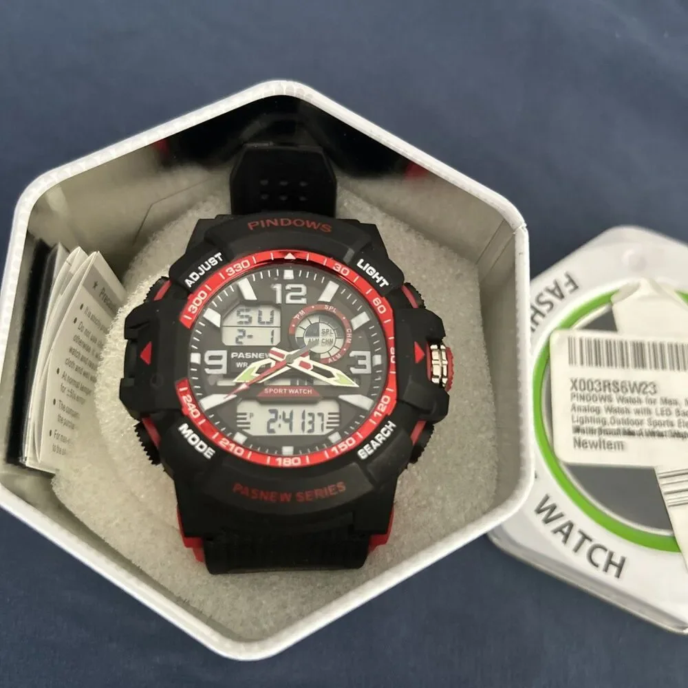 Pindows Fashion Sports Watch Military Digital Analog Black And Red
